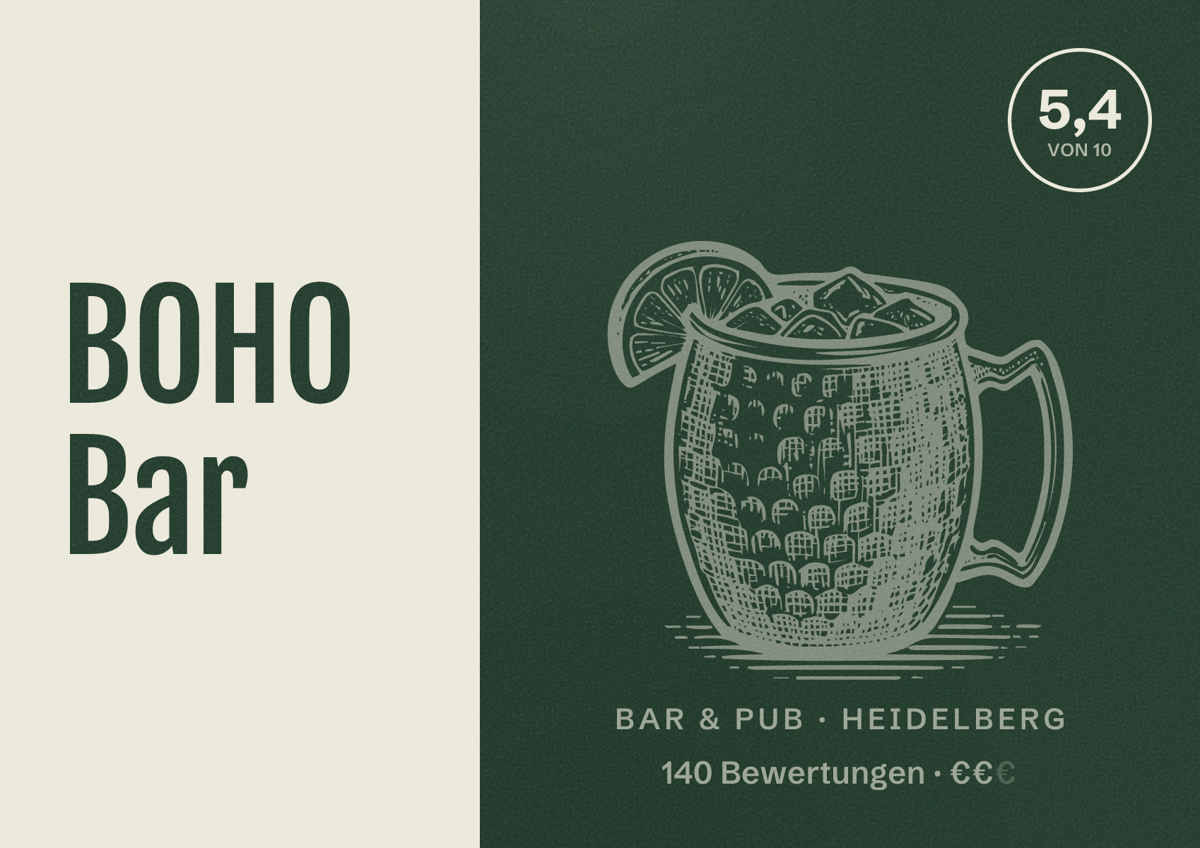 Illustriertes Poster von BOHO Bar, Bar & Pub in Heidelberg: Bewertung 5,4 von 10 aus 140 Bewertungen, Preisniveau €€