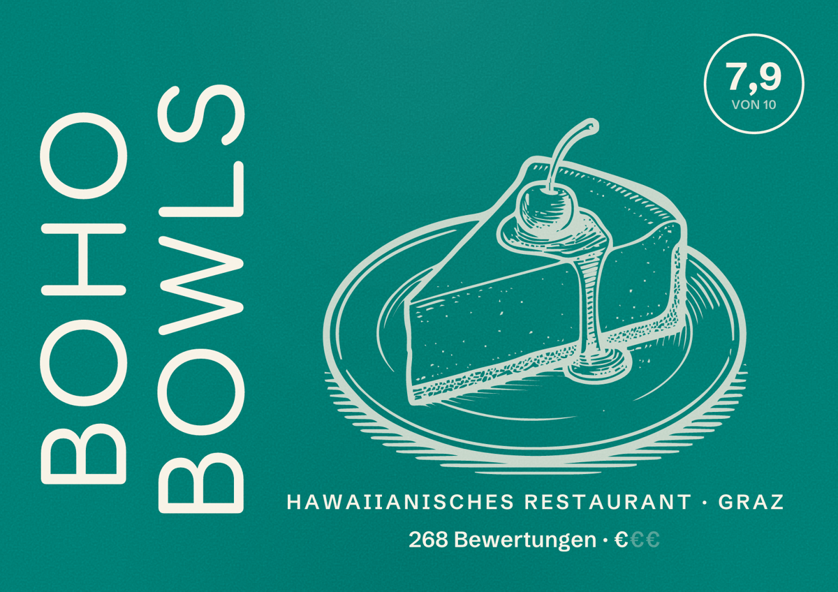 Illustriertes Poster von Boho Bowls, Hawaiianisches Restaurant in Graz: Bewertung 7,9 von 10 aus 268 Bewertungen, Preisniveau €