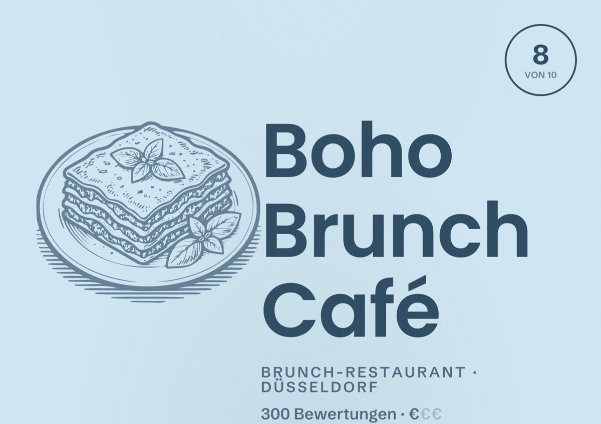 Illustriertes Poster von Boho Brunch Café, Brunch-Restaurant in Düsseldorf: Bewertung 8,0 von 10 aus 300 Bewertungen, Preisniveau €