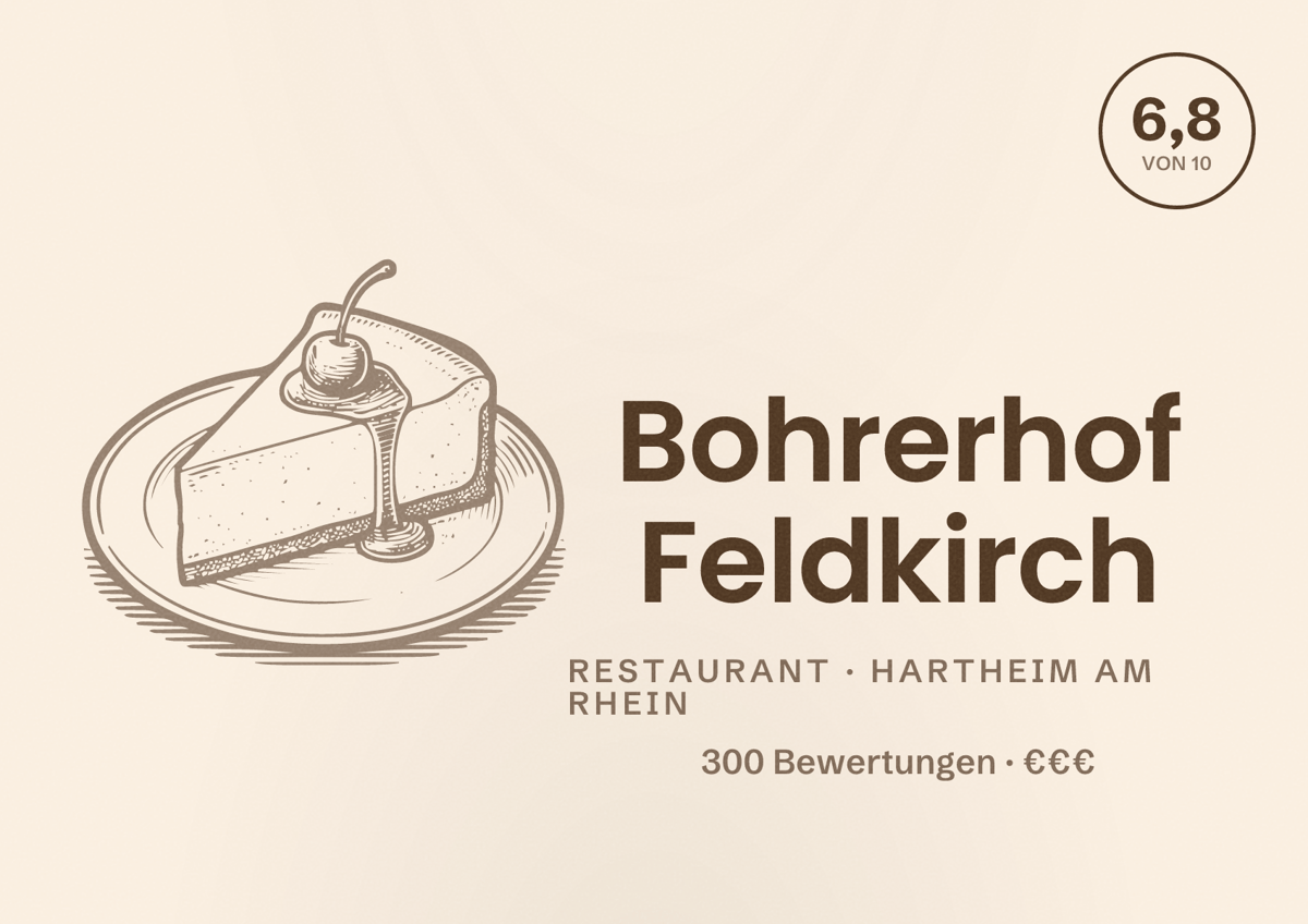 Illustriertes Poster von Bohrerhof Feldkirch, Restaurant in Hartheim am Rhein: Bewertung 6,8 von 10 aus 300 Bewertungen, Preisniveau €€€