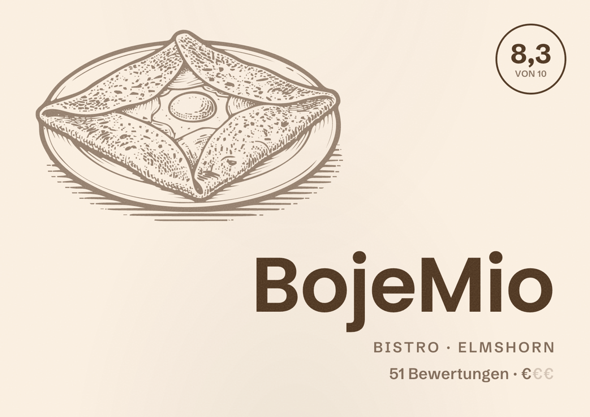 Illustriertes Poster von BojeMio, Bistro in Elmshorn: Bewertung 8,3 von 10 aus 51 Bewertungen, Preisniveau €