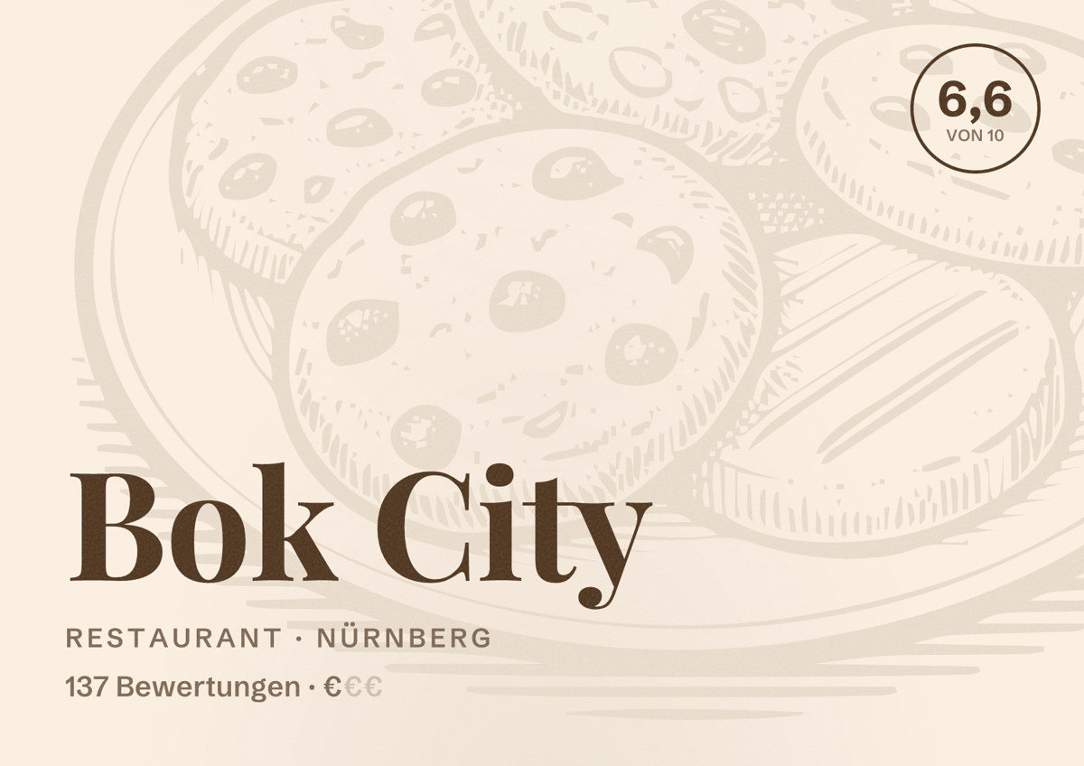 Illustriertes Poster von Bok City, Restaurant in Nürnberg: Bewertung 6,6 von 10 aus 137 Bewertungen, Preisniveau €