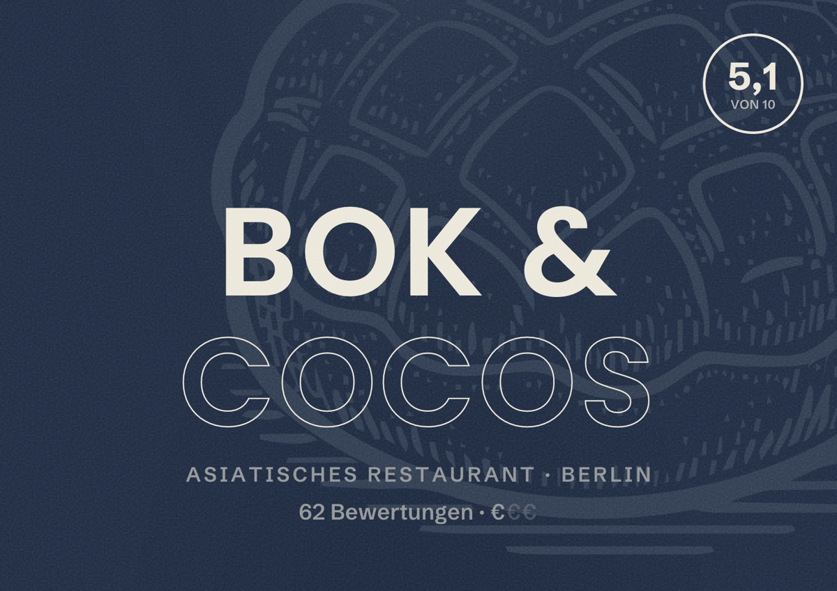 Illustriertes Poster von bok & cocos, Asiatisches Restaurant in Berlin: Bewertung 5,1 von 10 aus 62 Bewertungen, Preisniveau €