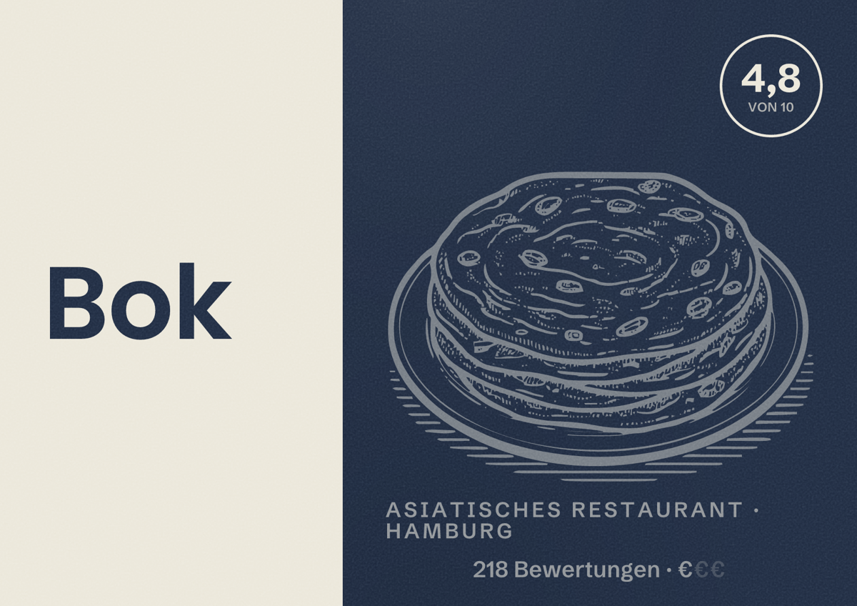 Illustriertes Poster von Bok, Asiatisches Restaurant in Hamburg: Bewertung 4,8 von 10 aus 218 Bewertungen, Preisniveau €