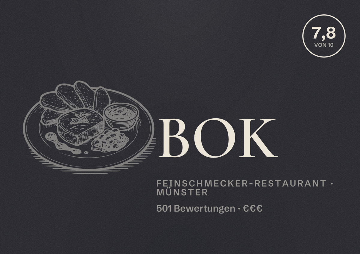 Illustriertes Poster von BOK, Feinschmecker-Restaurant in Münster: Bewertung 7,8 von 10 aus 501 Bewertungen, Preisniveau €€€