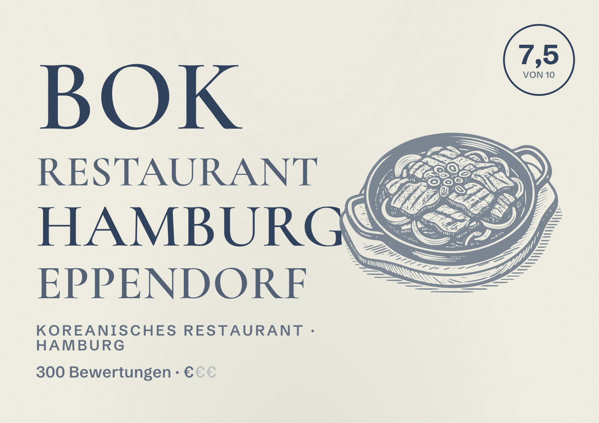 Illustriertes Poster von Bok Restaurant Hamburg Eppendorf, Koreanisches Restaurant in Hamburg: Bewertung 7,5 von 10 aus 300 Bewertungen, Preisniveau €