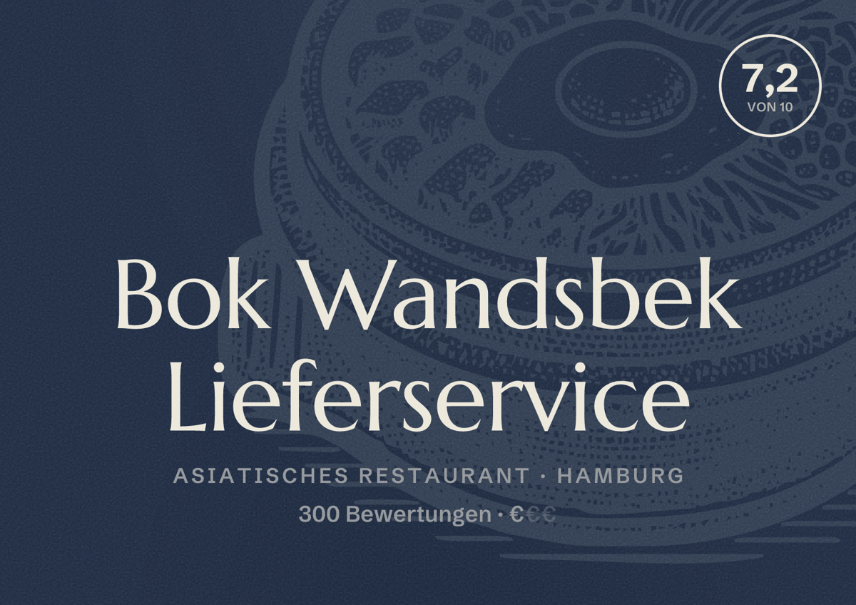 Illustriertes Poster von Bok Wandsbek Lieferservice, Asiatisches Restaurant in Hamburg: Bewertung 7,2 von 10 aus 300 Bewertungen, Preisniveau €
