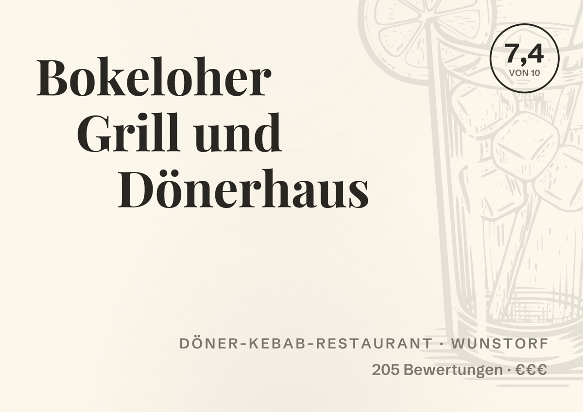 Illustriertes Poster von Bokeloher Grill und Dönerhaus, Döner-Kebab-Restaurant in Wunstorf: Bewertung 7,4 von 10 aus 205 Bewertungen, Preisniveau €€€