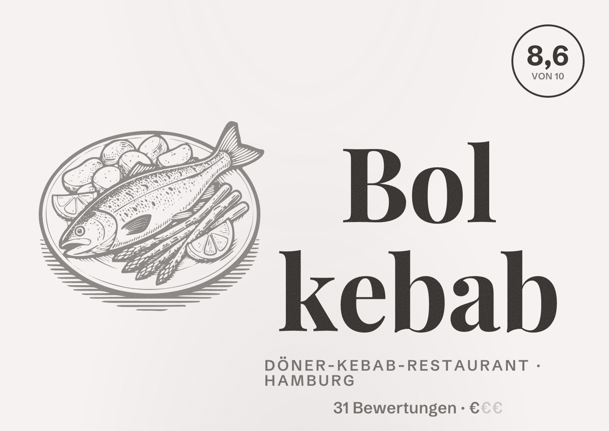 Illustriertes Poster von Bol kebab, Döner-Kebab-Restaurant in Hamburg: Bewertung 8,6 von 10 aus 31 Bewertungen, Preisniveau €
