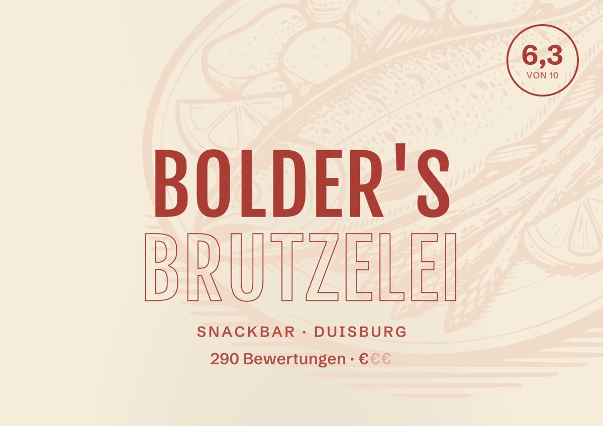 Illustriertes Poster von Bolder's Brutzelei, Snackbar in Duisburg: Gästebewertung 6,3 von 10 aus 290 Bewertungen