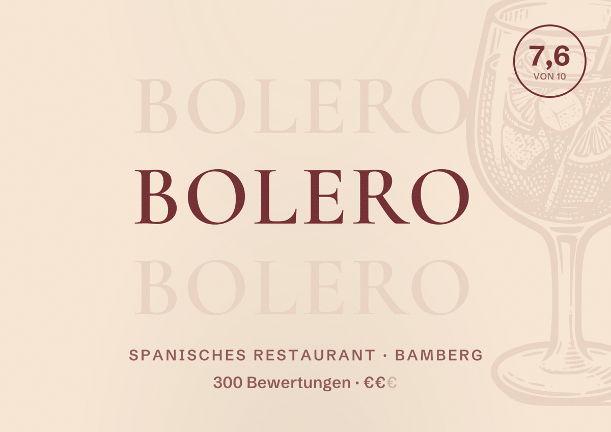 Illustriertes Poster von Bolero, Spanisches Restaurant in Bamberg: Bewertung 7,6 von 10 aus 300 Bewertungen, Preisniveau €€