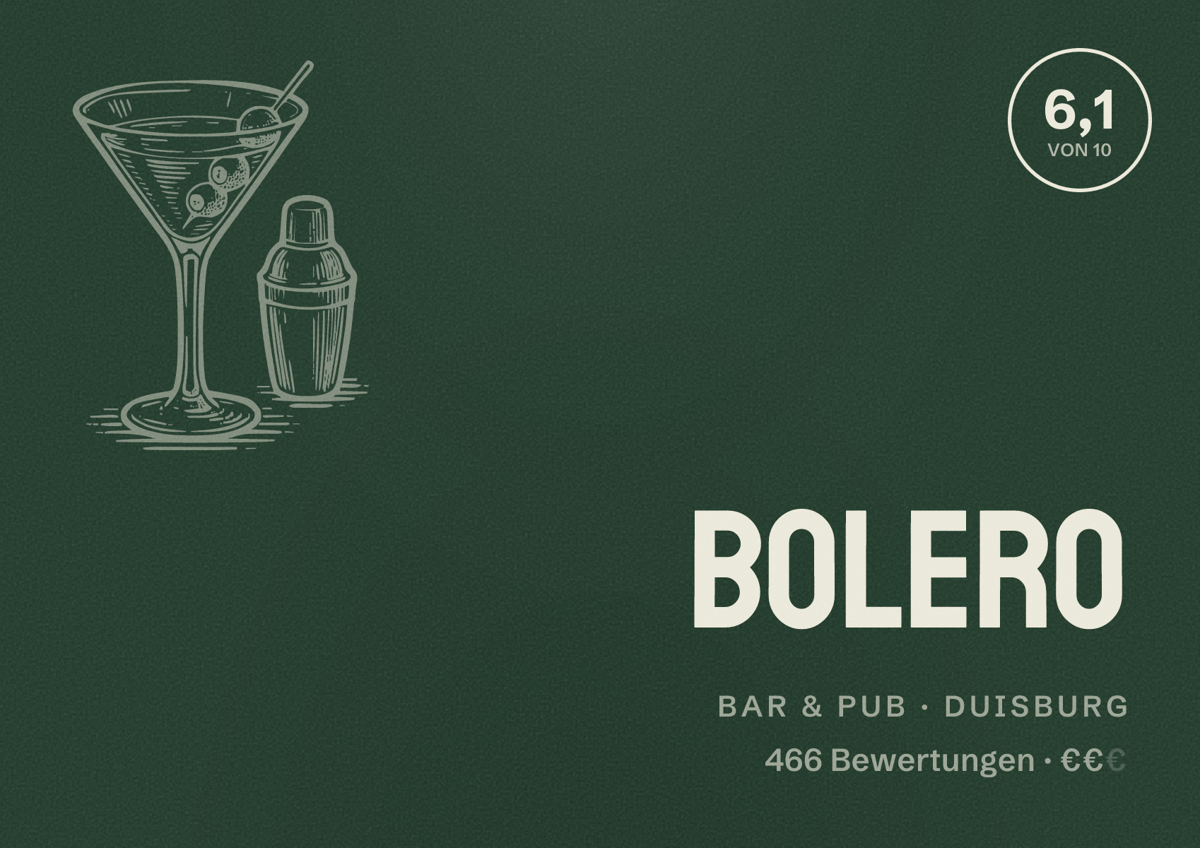 Illustriertes Poster von Bolero, Bar & Pub in Duisburg: Bewertung 6,1 von 10 aus 466 Bewertungen, Preisniveau €€