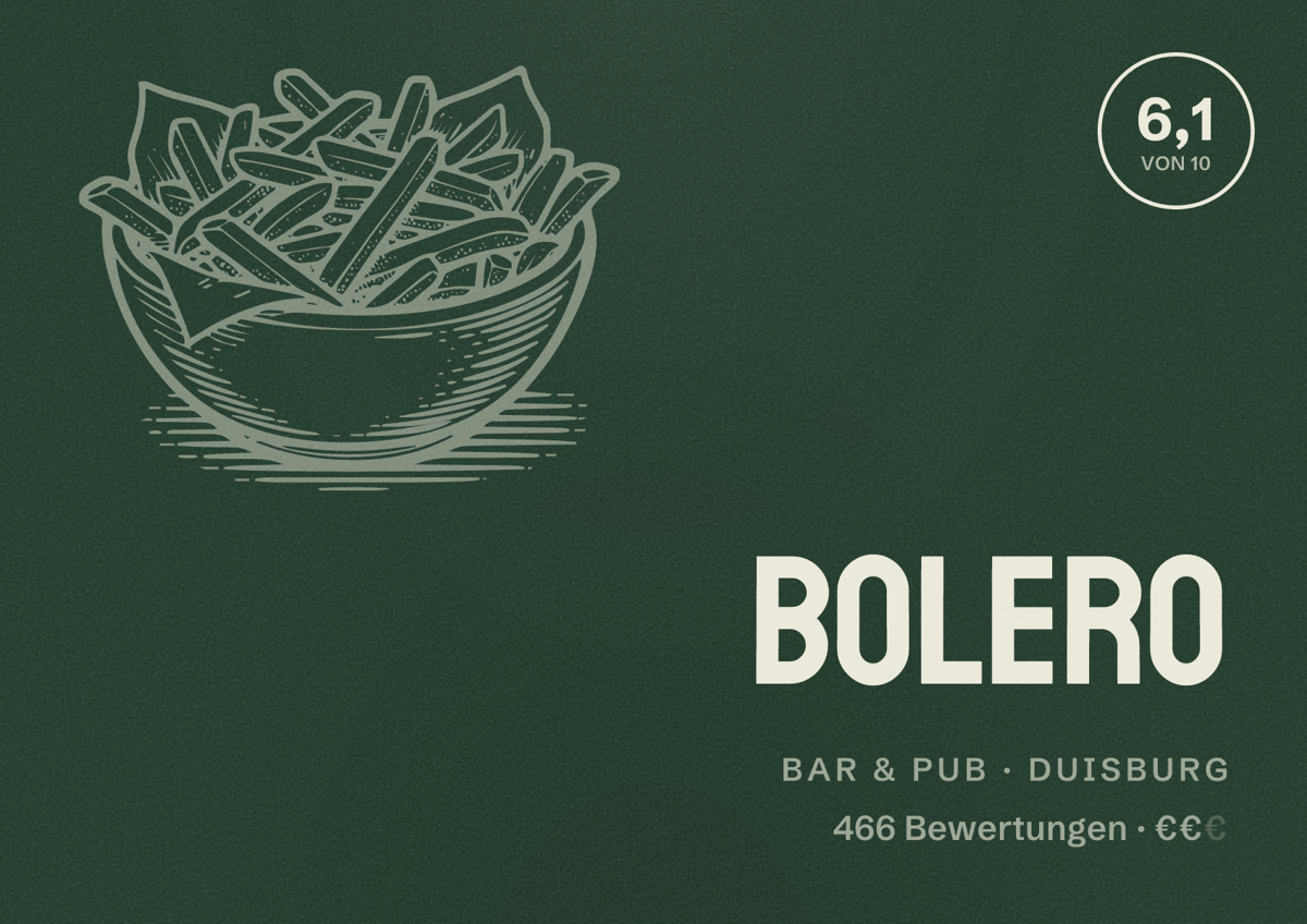 Illustriertes Poster von Bolero, Bar & Pub in Duisburg: Bewertung 6,1 von 10 aus 466 Bewertungen, Preisniveau €€