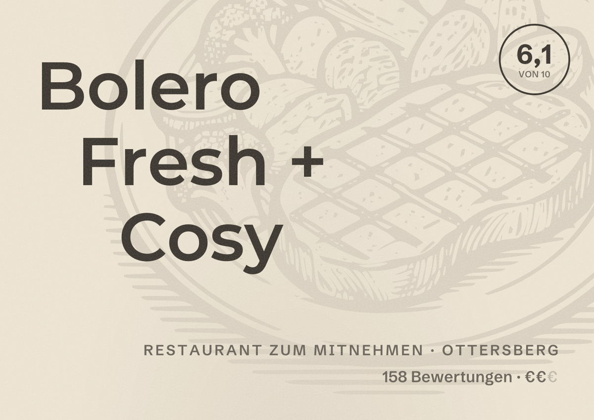 Illustriertes Poster von Bolero Fresh + Cosy, Restaurant zum Mitnehmen in Ottersberg: Bewertung 6,1 von 10 aus 158 Bewertungen, Preisniveau €€