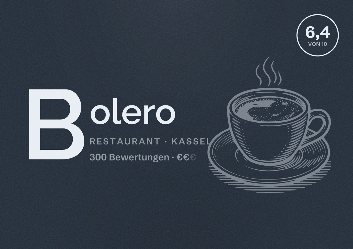 Illustriertes Poster von Bolero, Restaurant in Kassel: Bewertung 6,4 von 10 aus 300 Bewertungen, Preisniveau €€