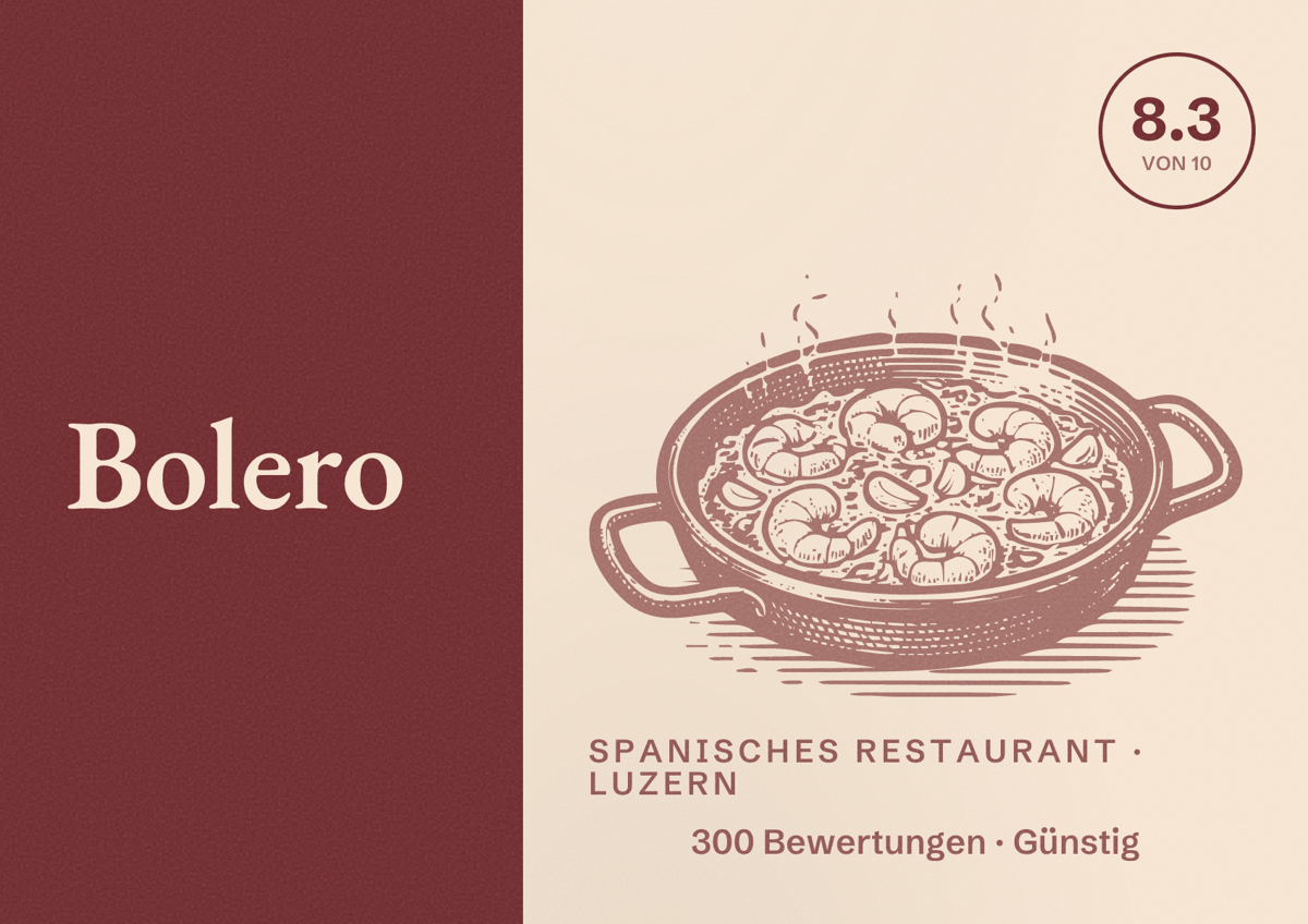 Illustriertes Poster von Bolero, Spanisches Restaurant in Luzern: Bewertung 8.3 von 10 aus 300 Bewertungen, Preisniveau Günstig