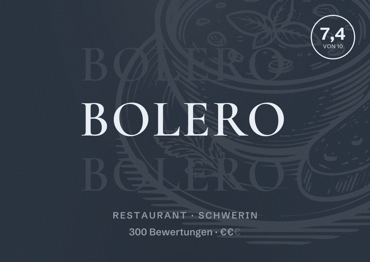 Illustriertes Poster von Bolero, Restaurant in Schwerin: Bewertung 7,4 von 10 aus 300 Bewertungen, Preisniveau €€