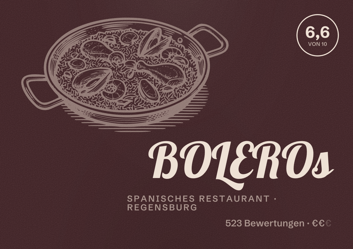 Illustriertes Poster von BOLEROs, Spanisches Restaurant in Regensburg: Bewertung 6,6 von 10 aus 523 Bewertungen, Preisniveau €€