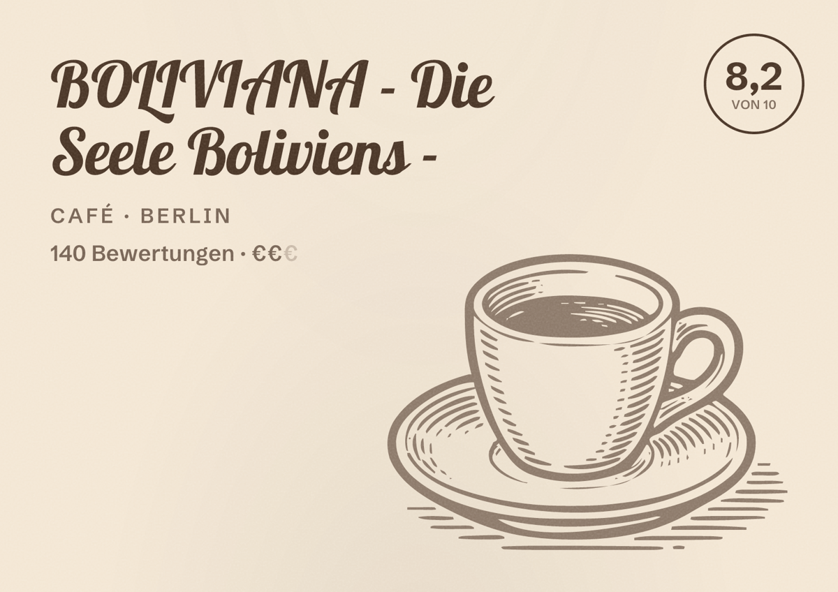 Illustriertes Poster von BOLIVIANA - Die Seele Boliviens -, Café in Berlin: Bewertung 8,2 von 10 aus 140 Bewertungen, Preisniveau €€