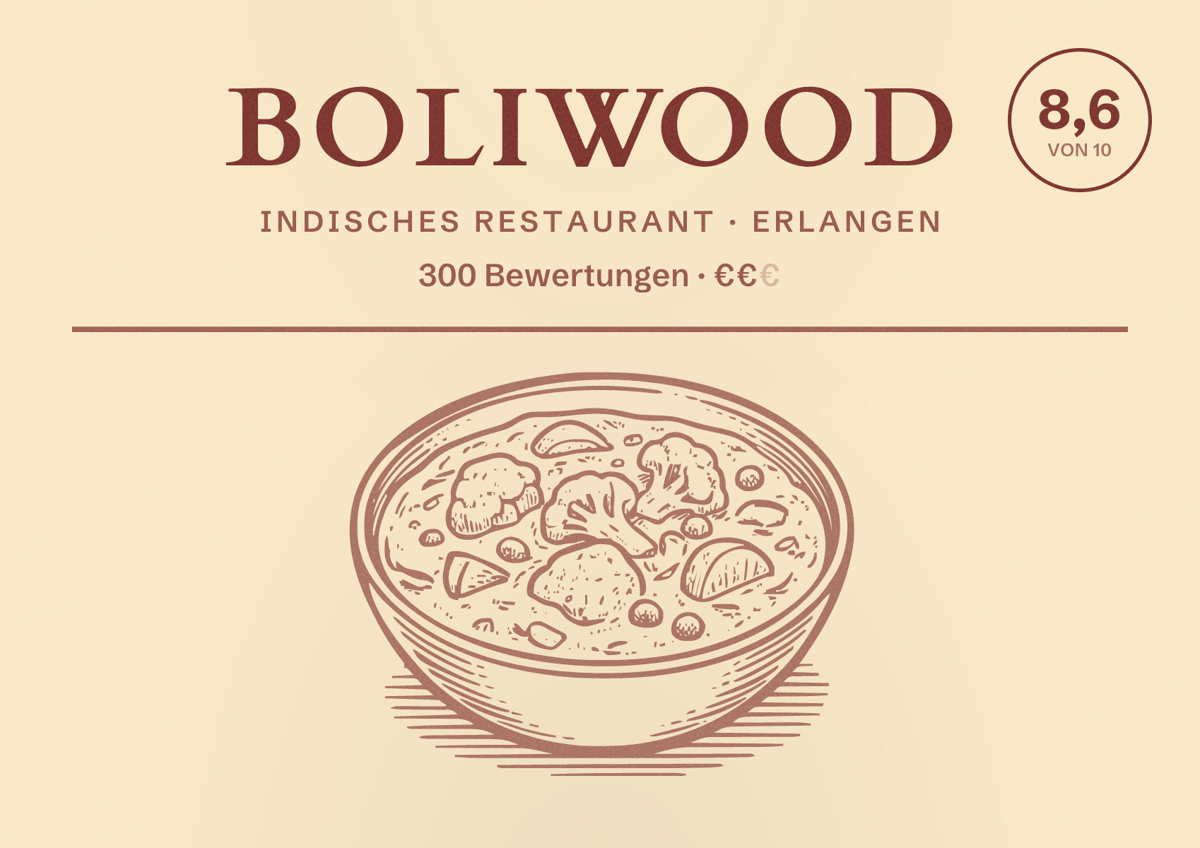 Illustriertes Poster von Boliwood, Indisches Restaurant in Erlangen: Bewertung 8,6 von 10 aus 300 Bewertungen, Preisniveau €€