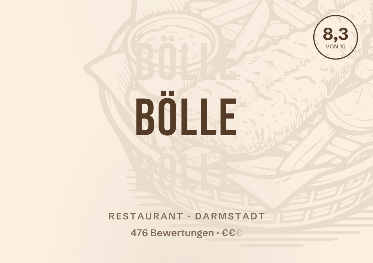 Illustriertes Poster von Bölle, Restaurant in Darmstadt: Bewertung 8,3 von 10 aus 476 Bewertungen, Preisniveau €€