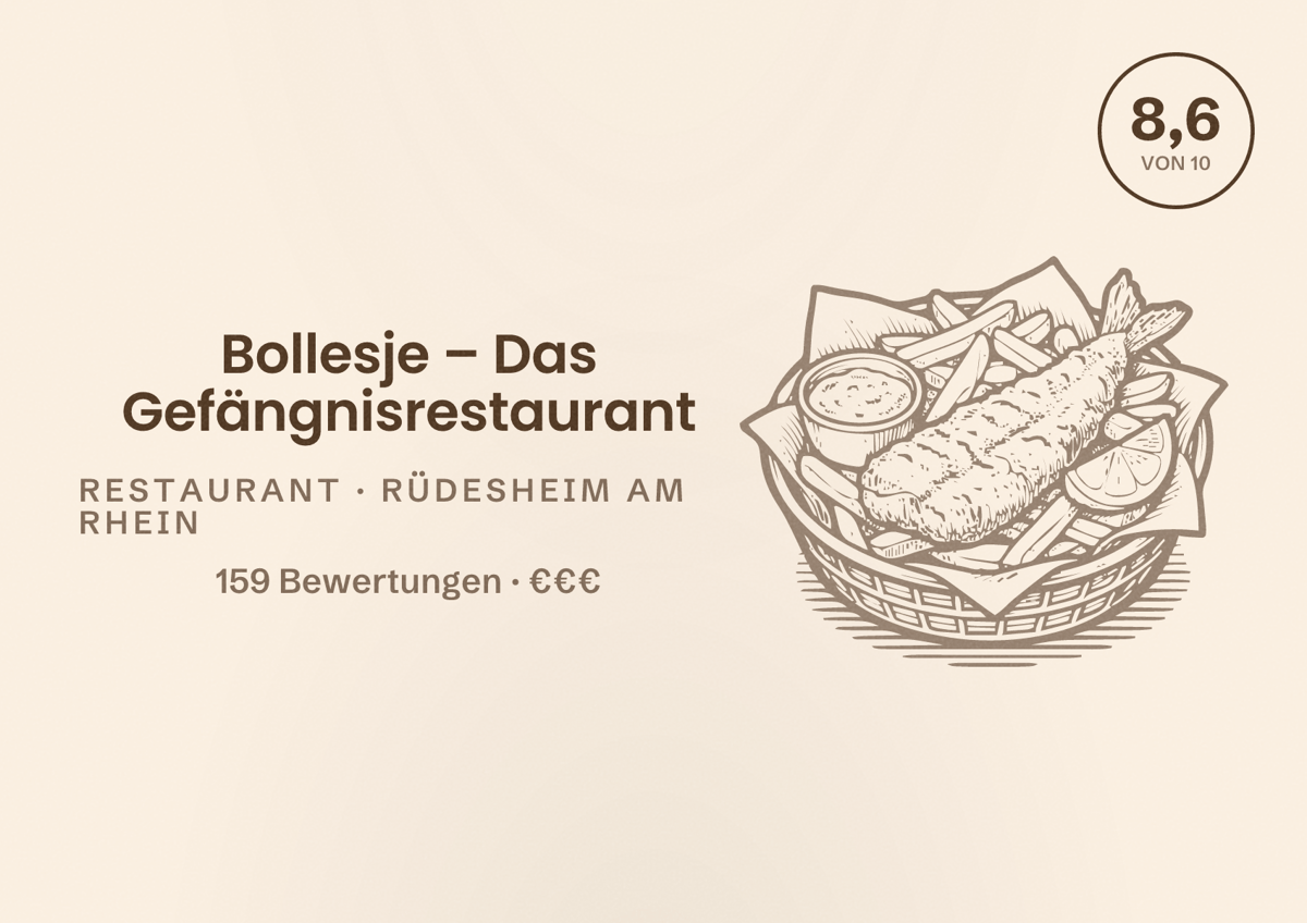 Illustriertes Poster von Bollesje – Das Gefängnisrestaurant, Restaurant in Rüdesheim am Rhein: Bewertung 8,6 von 10 aus 159 Bewertungen, Preisniveau €€€
