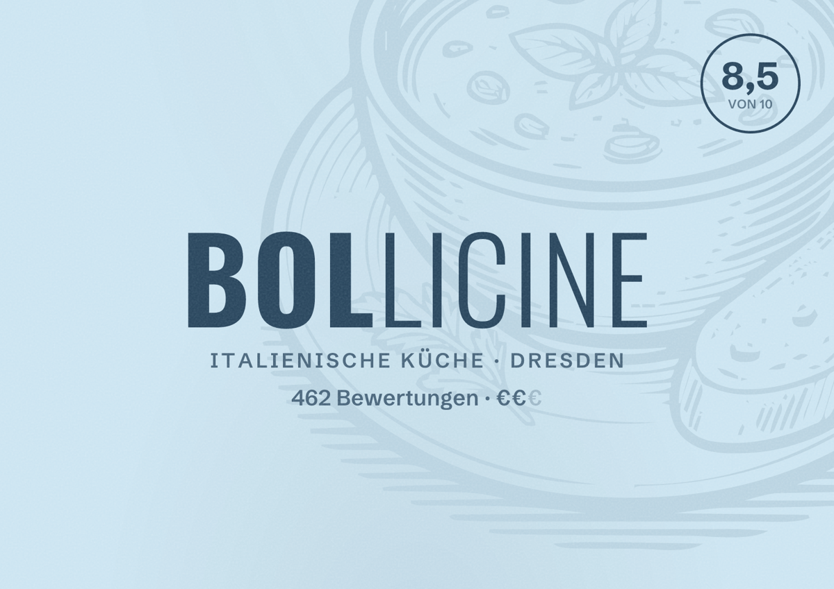 Illustriertes Poster von Bollicine, Italienische Küche in Dresden: Bewertung 8,5 von 10 aus 462 Bewertungen, Preisniveau €€