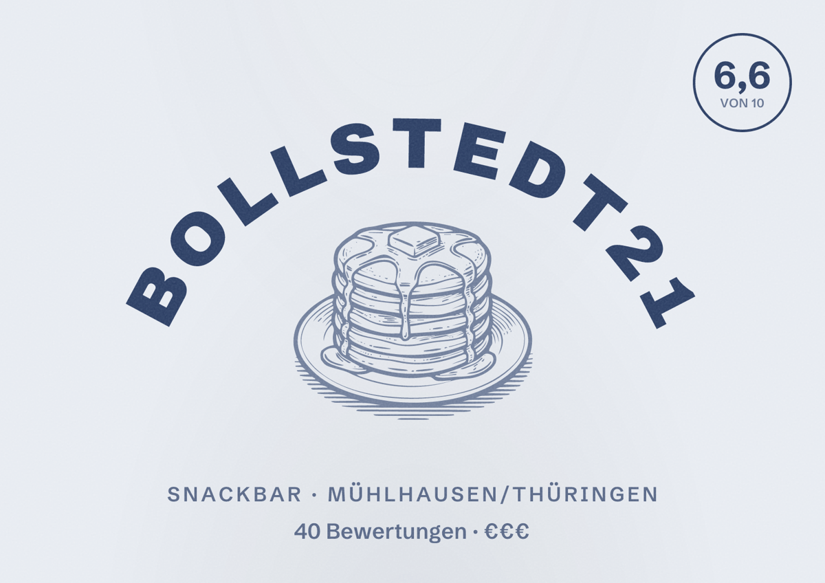 Illustriertes Poster von Bollstedt21, Snackbar in Mühlhausen/Thüringen: Bewertung 6,6 von 10 aus 40 Bewertungen, Preisniveau €€€