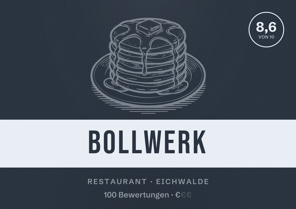 Illustriertes Poster von Bollwerk, Restaurant in Eichwalde: Bewertung 8,6 von 10 aus 100 Bewertungen, Preisniveau €