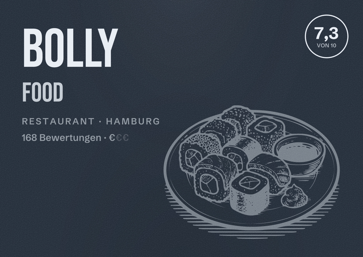 Illustriertes Poster von Bolly Food, Restaurant in Hamburg: Bewertung 7,3 von 10 aus 168 Bewertungen, Preisniveau €