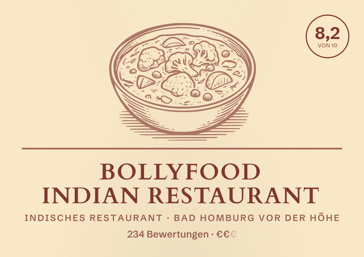 Illustriertes Poster von Bollyfood Indian Restaurant, Indisches Restaurant in Bad Homburg vor der Höhe: Bewertung 8,2 von 10 aus 234 Bewertungen, Preisniveau €€