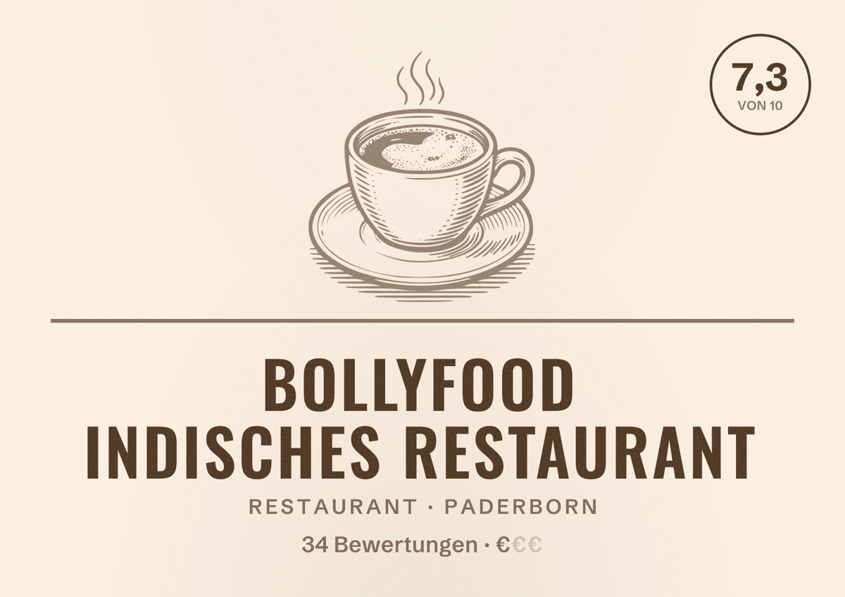 Illustriertes Poster von Bollyfood indisches restaurant, Restaurant in Paderborn: Bewertung 7,3 von 10 aus 34 Bewertungen, Preisniveau €