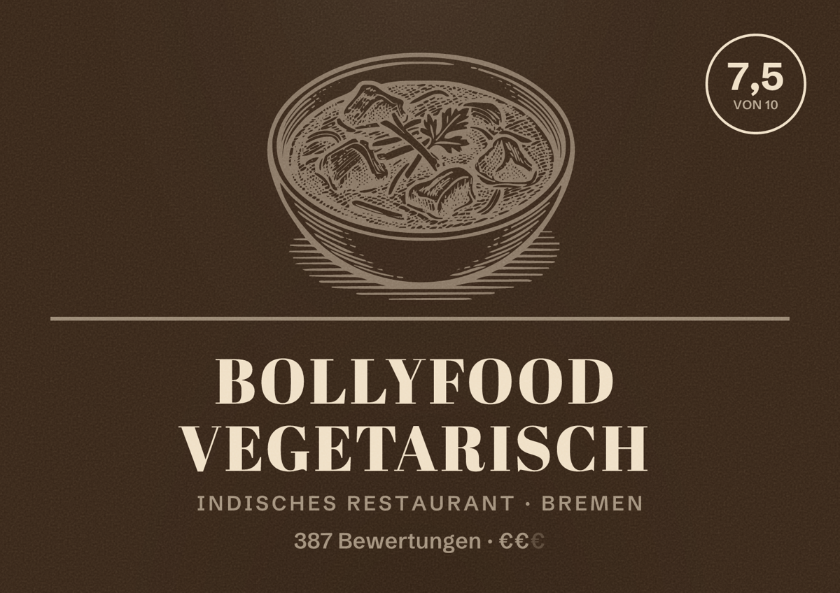 Illustriertes Poster von Bollyfood Vegetarisch, Indisches Restaurant in Bremen: Bewertung 7,5 von 10 aus 387 Bewertungen, Preisniveau €€