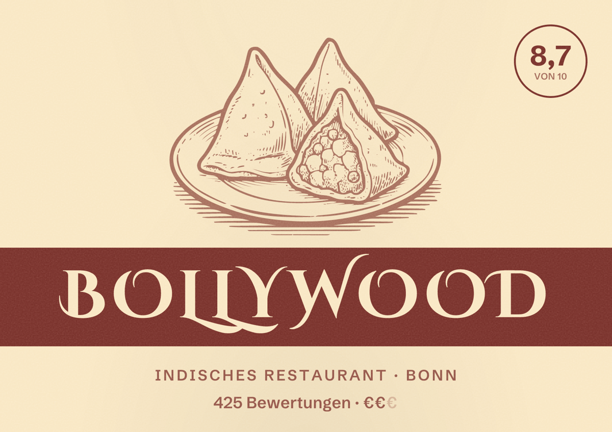 Illustriertes Poster von Bollywood, Indisches Restaurant in Bonn: Bewertung 8,7 von 10 aus 425 Bewertungen, Preisniveau €€