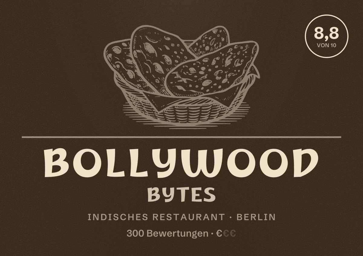 Illustriertes Poster von Bollywood Bytes, Indisches Restaurant in Berlin: Bewertung 8,8 von 10 aus 300 Bewertungen, Preisniveau €