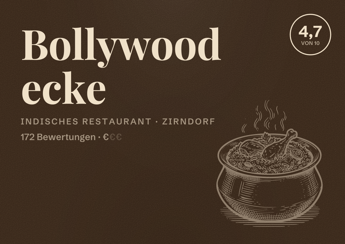 Illustriertes Poster von Bollywood ecke, Indisches Restaurant in Zirndorf: Bewertung 4,7 von 10 aus 172 Bewertungen, Preisniveau €