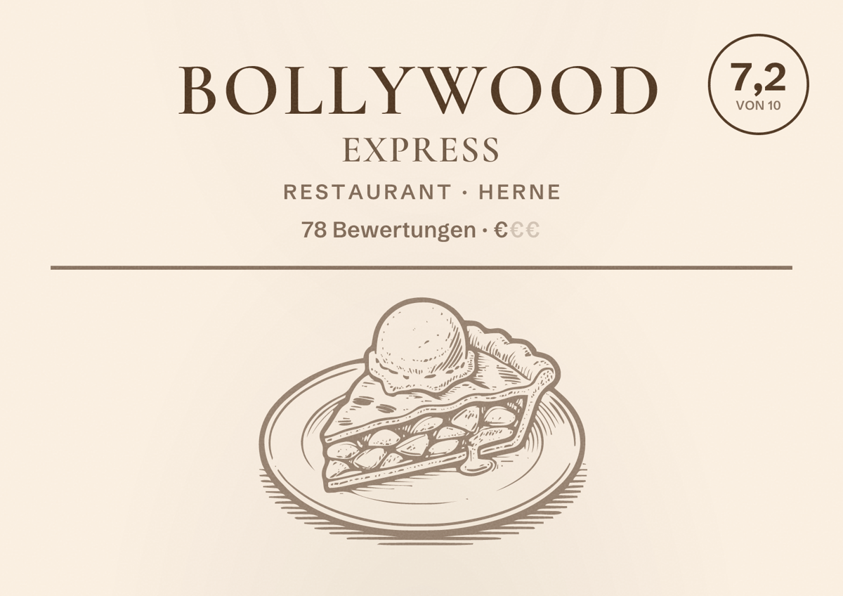 Illustriertes Poster von Bollywood Express, Restaurant in Herne: Bewertung 7,2 von 10 aus 78 Bewertungen, Preisniveau €