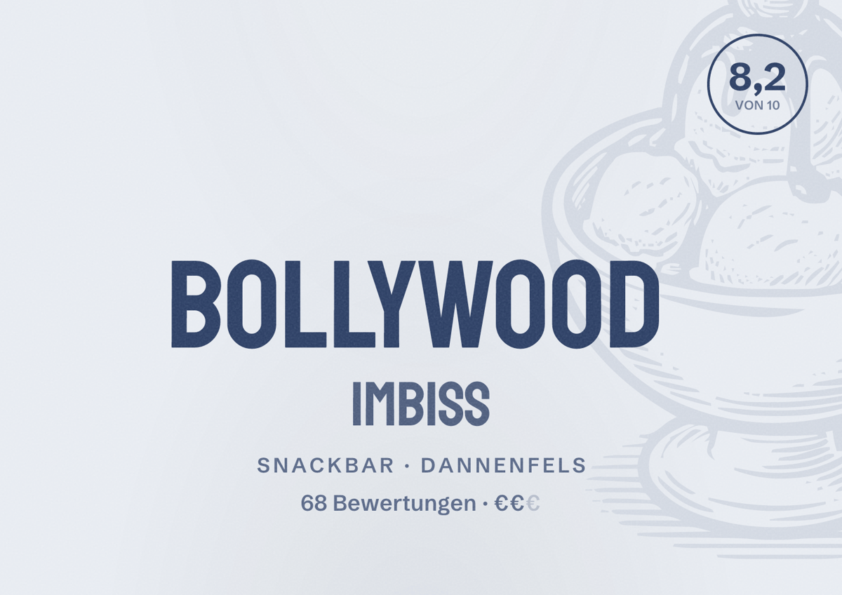Illustriertes Poster von Bollywood Imbiss, Snackbar in Dannenfels: Bewertung 8,2 von 10 aus 68 Bewertungen, Preisniveau €€