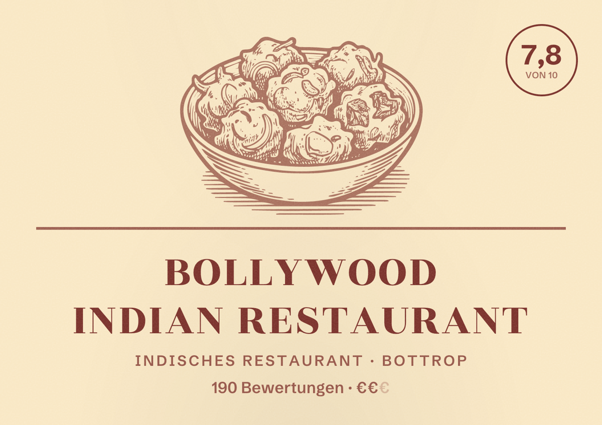 Illustriertes Poster von Bollywood Indian Restaurant, Indisches Restaurant in Bottrop: Bewertung 7,8 von 10 aus 190 Bewertungen, Preisniveau €€
