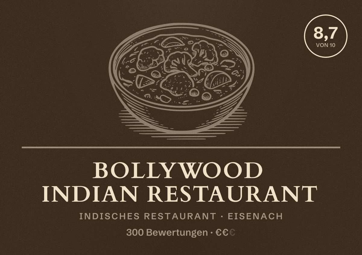 Illustriertes Poster von Bollywood Indian Restaurant, Indisches Restaurant in Eisenach: Bewertung 8,7 von 10 aus 300 Bewertungen, Preisniveau €€