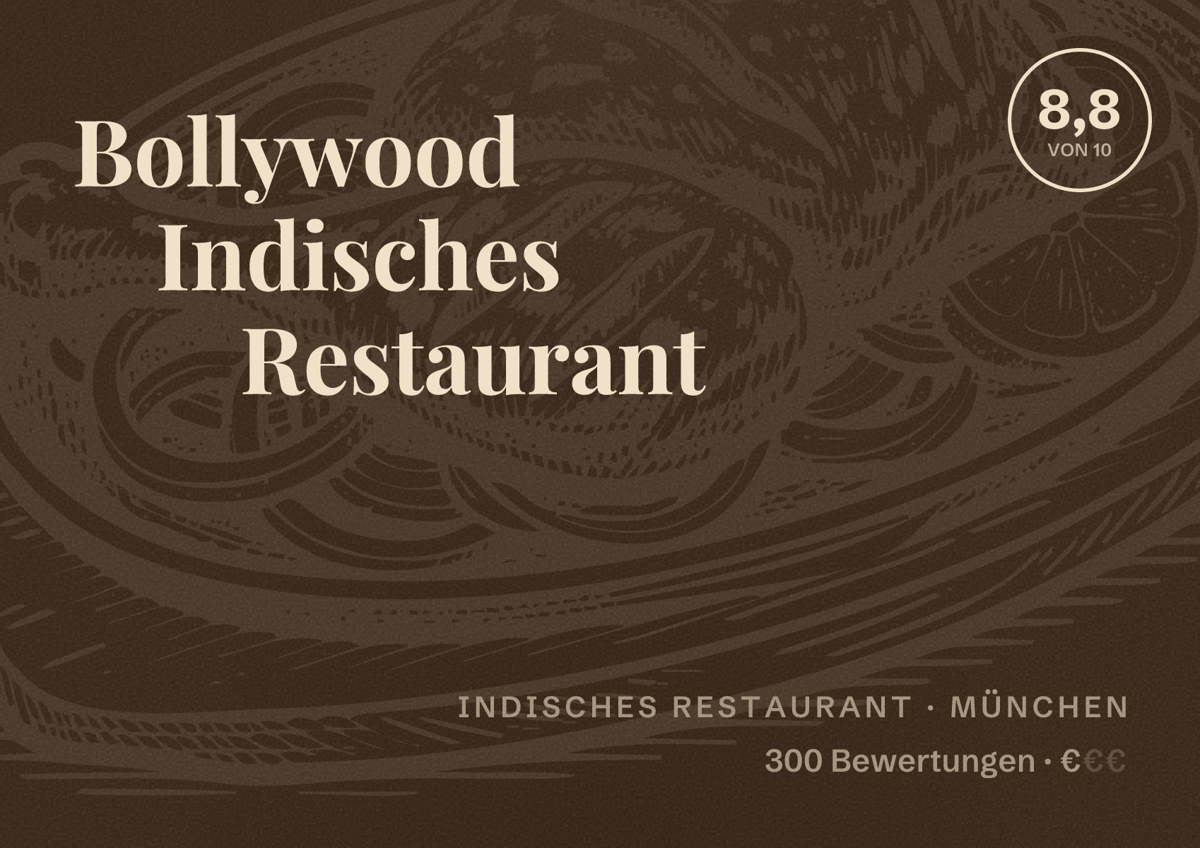 Illustriertes Poster von Bollywood Indisches Restaurant, Indisches Restaurant in München: Bewertung 8,8 von 10 aus 300 Bewertungen, Preisniveau €