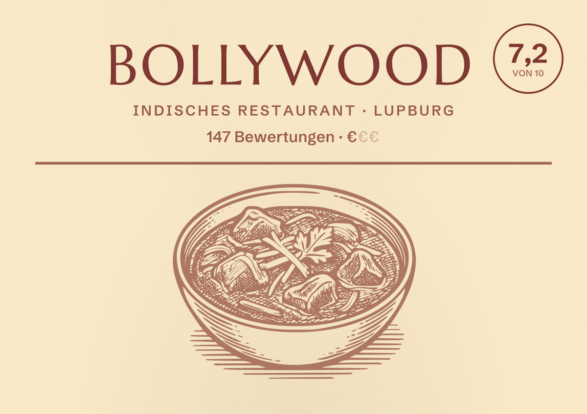 Illustriertes Poster von Bollywood, Indisches Restaurant in Lupburg: Bewertung 7,2 von 10 aus 147 Bewertungen, Preisniveau €