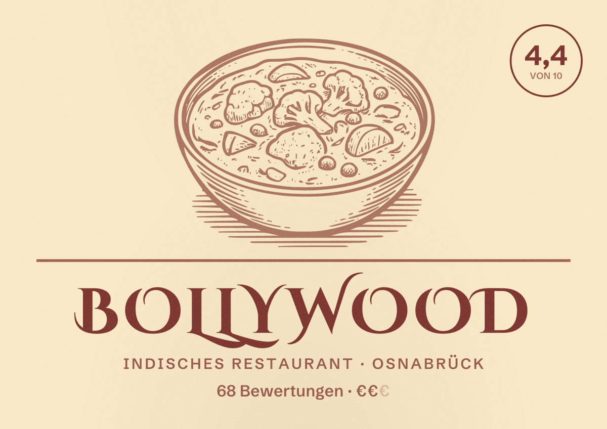 Illustriertes Poster von Bollywood, Indisches Restaurant in Osnabrück: Bewertung 4,4 von 10 aus 68 Bewertungen, Preisniveau €€