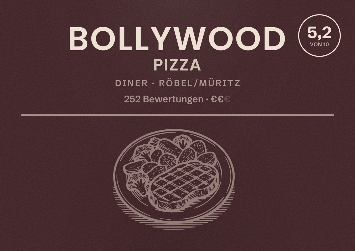 Illustriertes Poster von Bollywood Pizza, Diner in Röbel/Müritz: Bewertung 5,2 von 10 aus 252 Bewertungen, Preisniveau €€