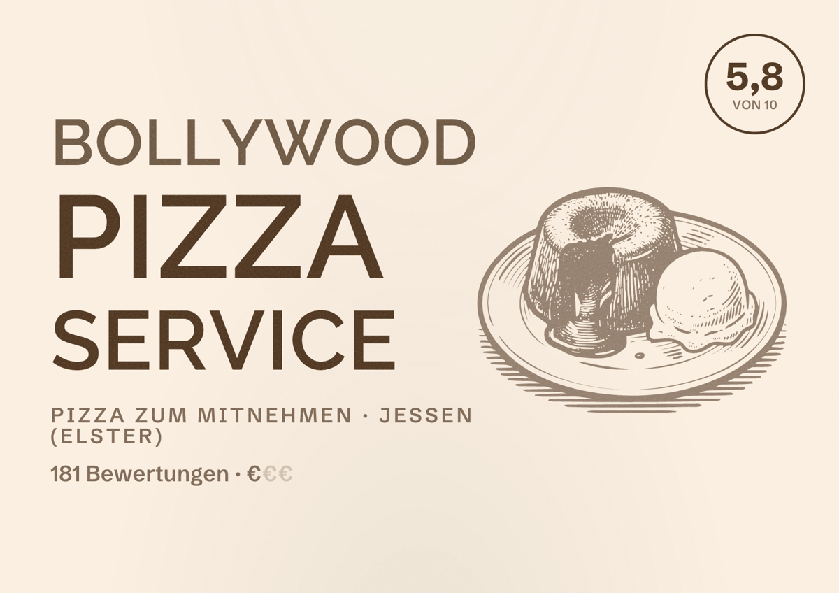 Illustriertes Poster von Bollywood Pizza Service, Pizza zum Mitnehmen in Jessen (Elster): Bewertung 5,8 von 10 aus 181 Bewertungen, Preisniveau €