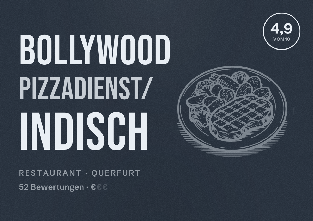 Illustriertes Poster von Bollywood Pizzadienst/ Indisch, Restaurant in Querfurt: Bewertung 4,9 von 10 aus 52 Bewertungen, Preisniveau €