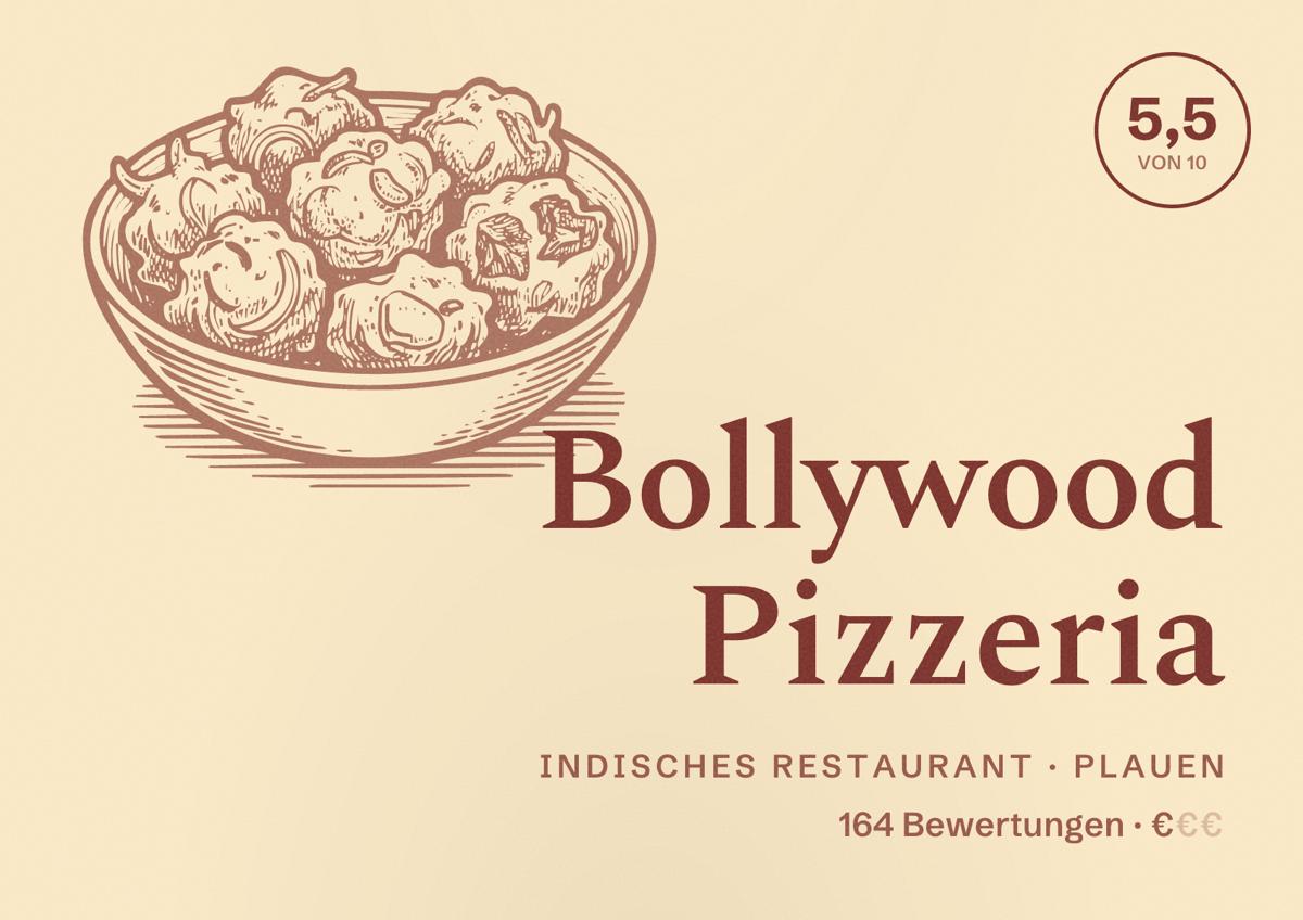 Illustriertes Poster von Bollywood Pizzeria, Indisches Restaurant in Plauen: Bewertung 5,5 von 10 aus 164 Bewertungen, Preisniveau €