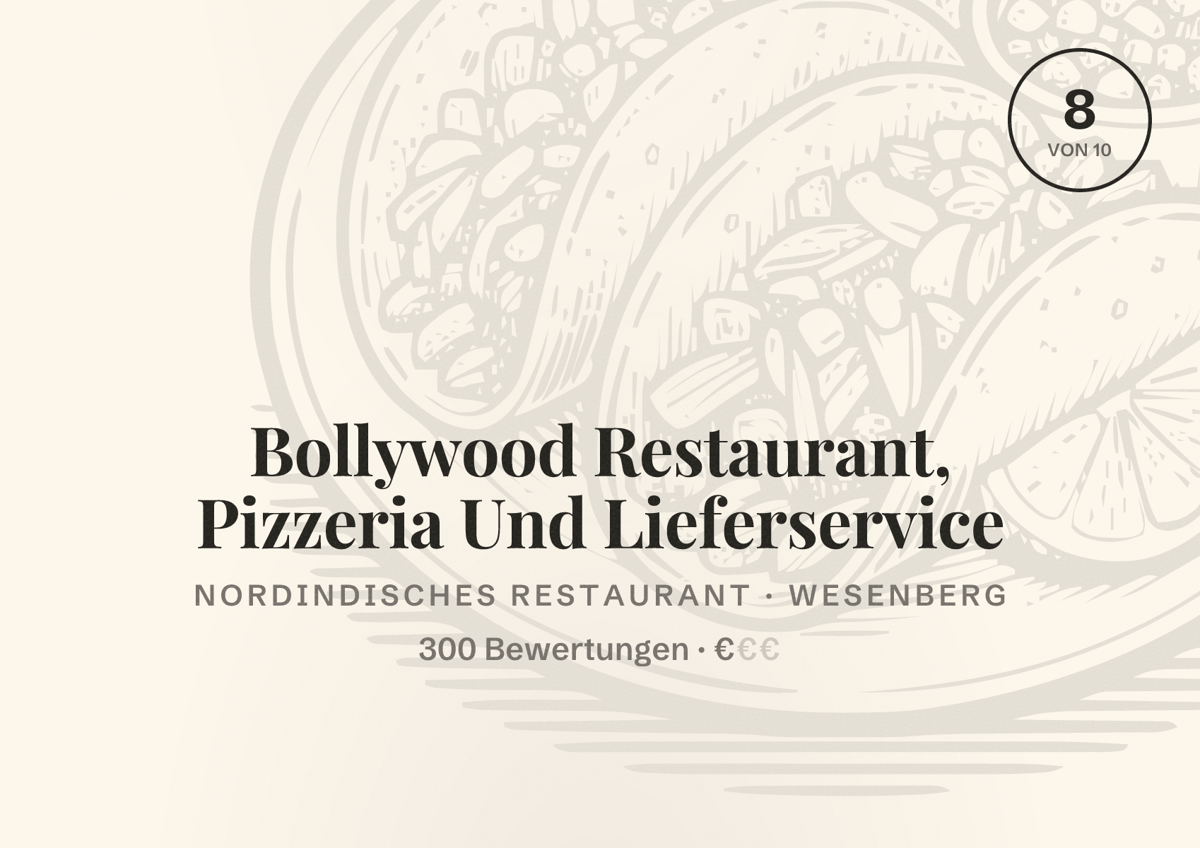 Illustriertes Poster von Bollywood Restaurant, Pizzeria Und Lieferservice, Nordindisches Restaurant in Wesenberg: Bewertung 8 von 10 aus 300 Bewertungen, Preisniveau €