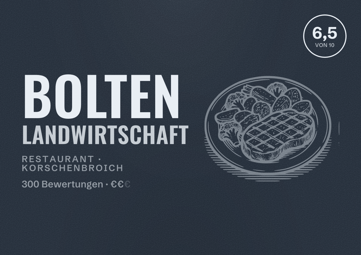 Illustriertes Poster von Bolten Landwirtschaft, Restaurant in Korschenbroich: Bewertung 6,5 von 10 aus 300 Bewertungen, Preisniveau €€