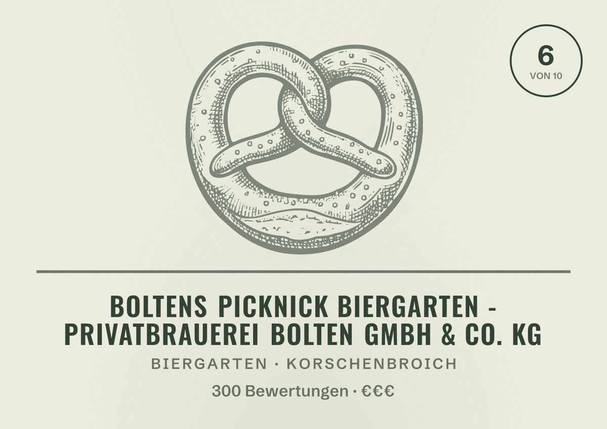 Illustriertes Poster von BOLTENs Picknick Biergarten - Privatbrauerei Bolten GmbH & Co. KG, Biergarten in Korschenbroich: Bewertung 6 von 10 aus 300 Bewertungen, Preisniveau €€€